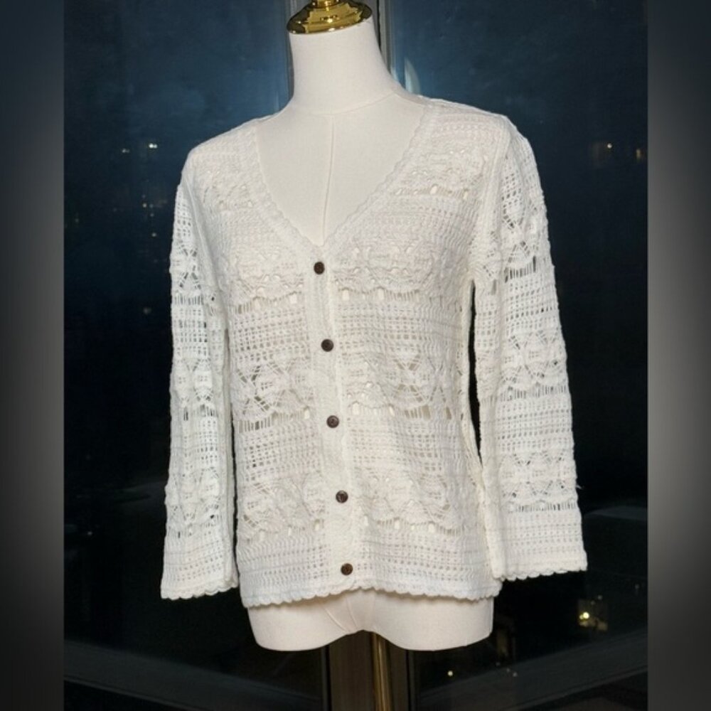🆕 FARM Rio 🧿 NWOT White Crochet Button Up Cardigan Sweater, Sz S
